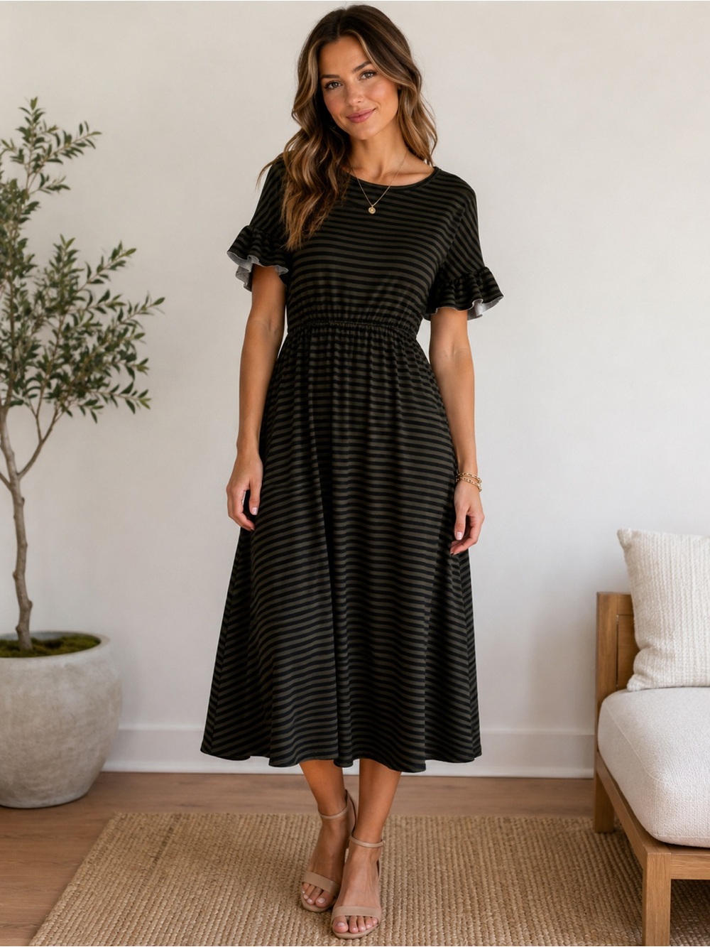 Everly Women’s Black Olive Striped Midi Dress Ruffle Sleeve Casual Size Small